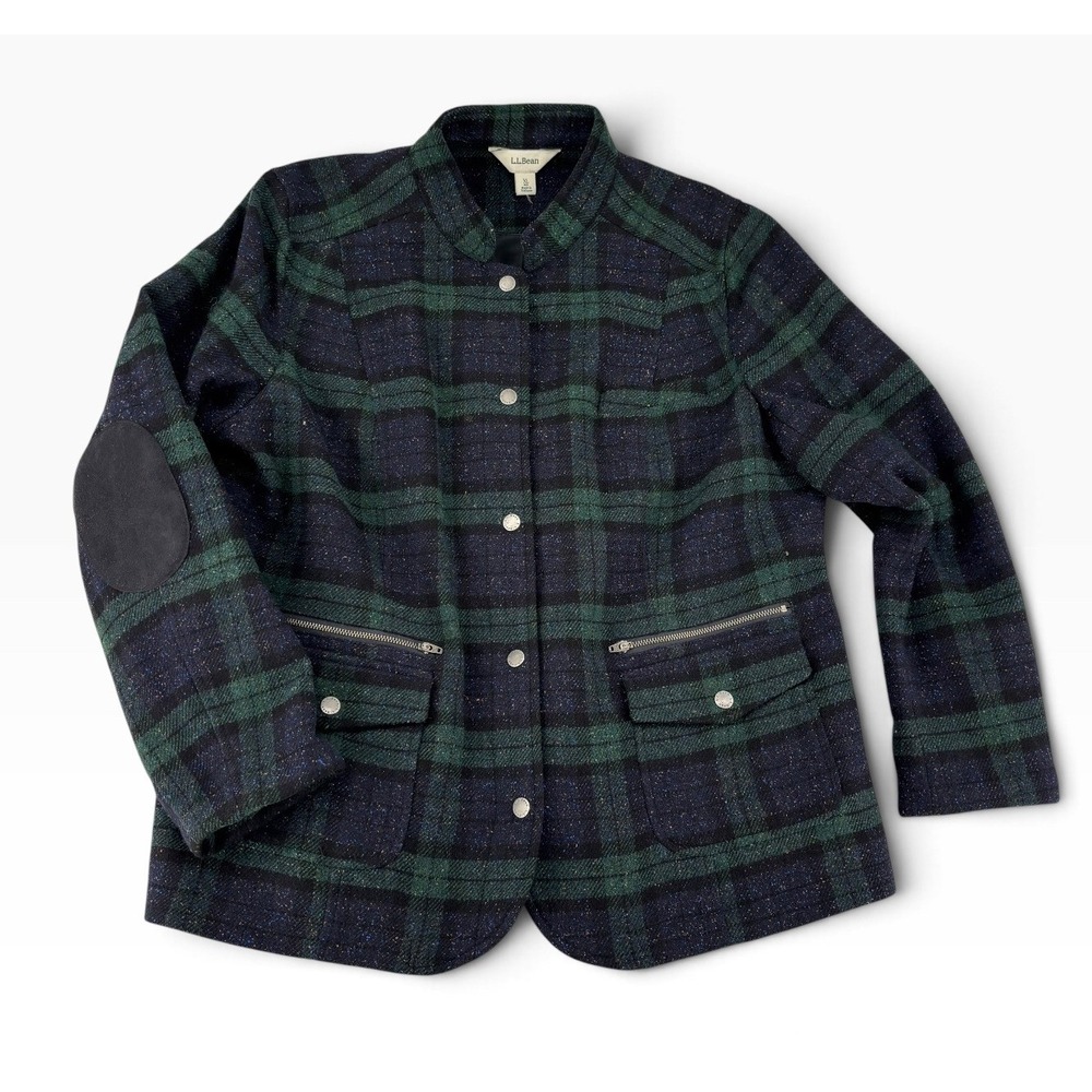 LL Bean Field Jacket Women XL Black Watch Plaid Excellent Elbow Patch Wool Blend